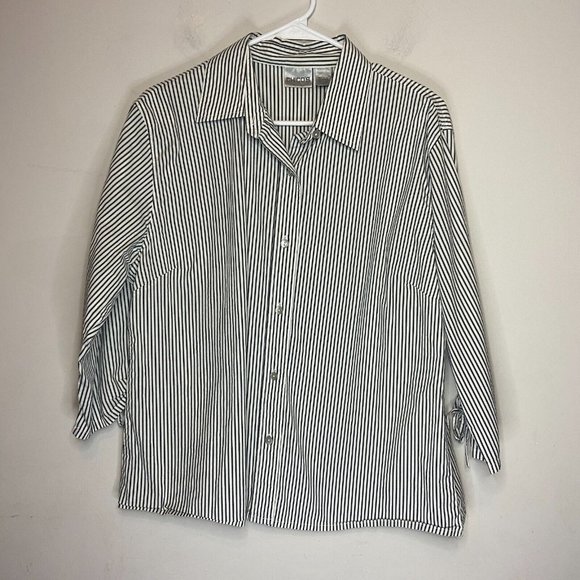 Chicos Womens 3 US XL 16 Button Up Blouse Gray Stripe Tie Sleeve Hem Collar Top - Picture 1 of 10
